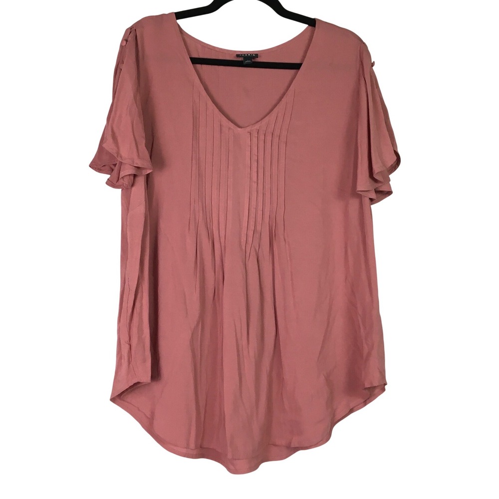 Torrid Pintuck Flutter Button Sleeve V-Neck Blouse Size 1 Dusty Rose Mauve
